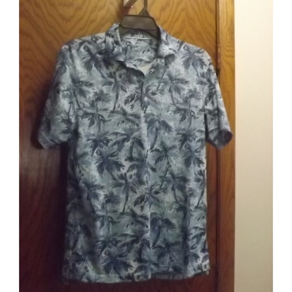 johnnie-O Polo Shirt Men's M Performance Blue Hawaiian Palm Trees Golf